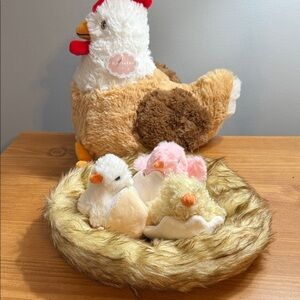 Plush Chicken and Chicks Set - Brown, Pink, White